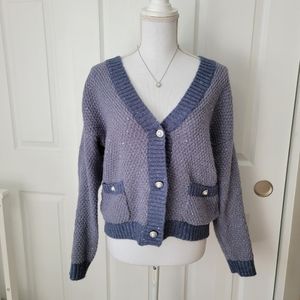 Lauren Conrad Light Blue Sparkle Coastal Grandma Pearls Oversized Knit Sweater